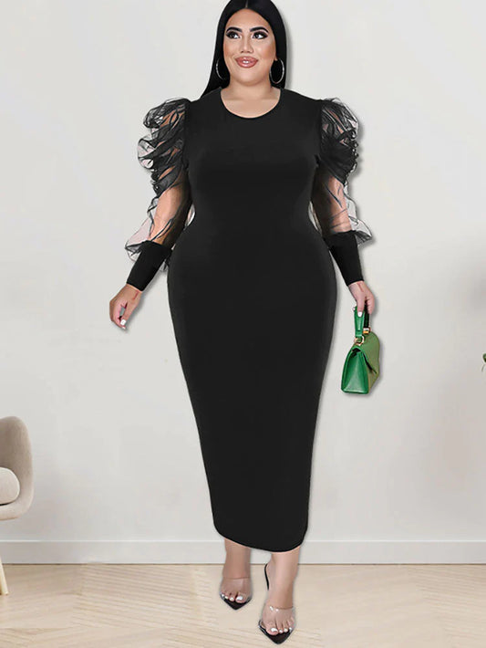 Mesh Puff Sleeve Bodycon Maxi Dresses