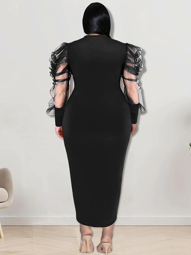 Mesh Puff Sleeve Bodycon Maxi Dresses