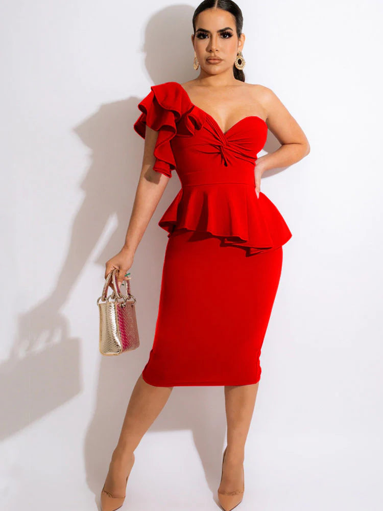 One Shoulder Ruffle Bodycon Midi Dresses
