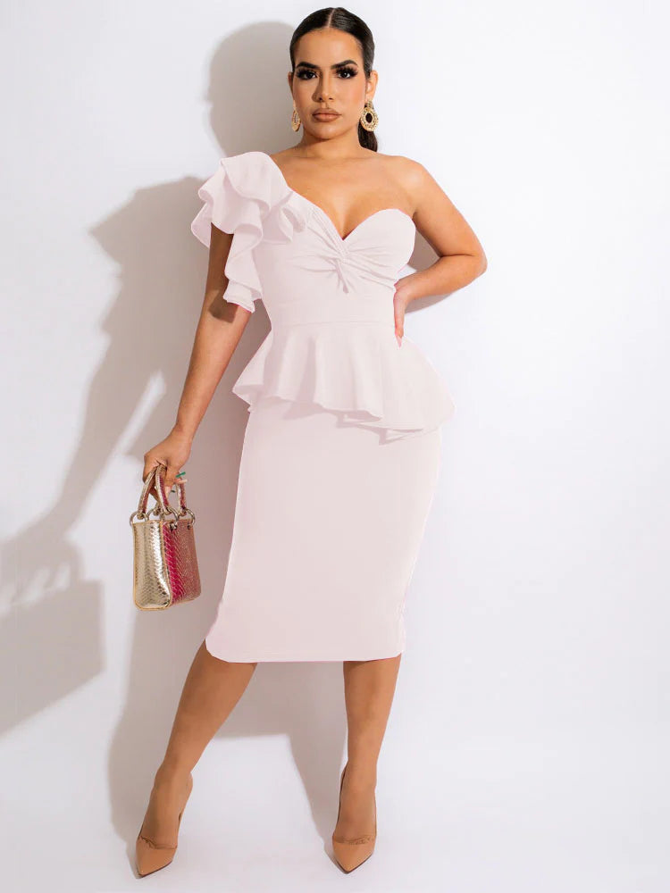 One Shoulder Ruffle Bodycon Midi Dresses