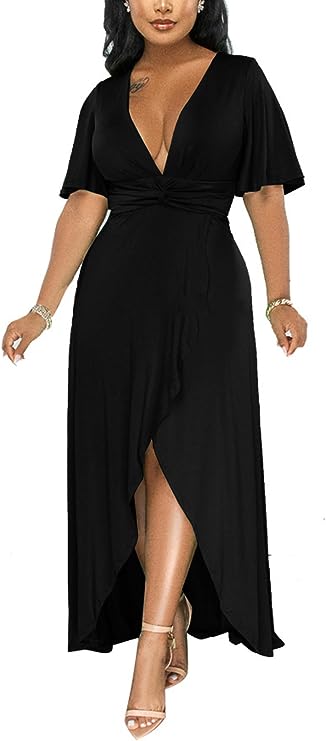 Deep V Neck front Split Midi Dresses