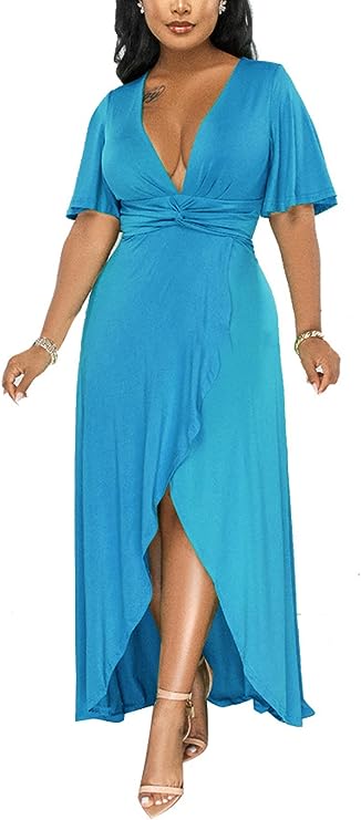 Deep V Neck front Split Midi Dresses