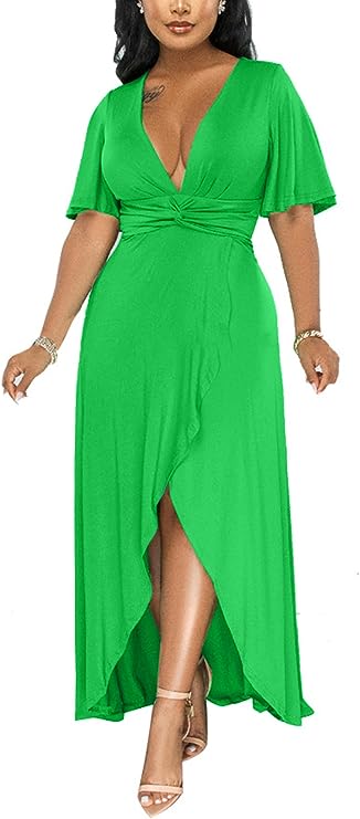 Deep V Neck front Split Midi Dresses